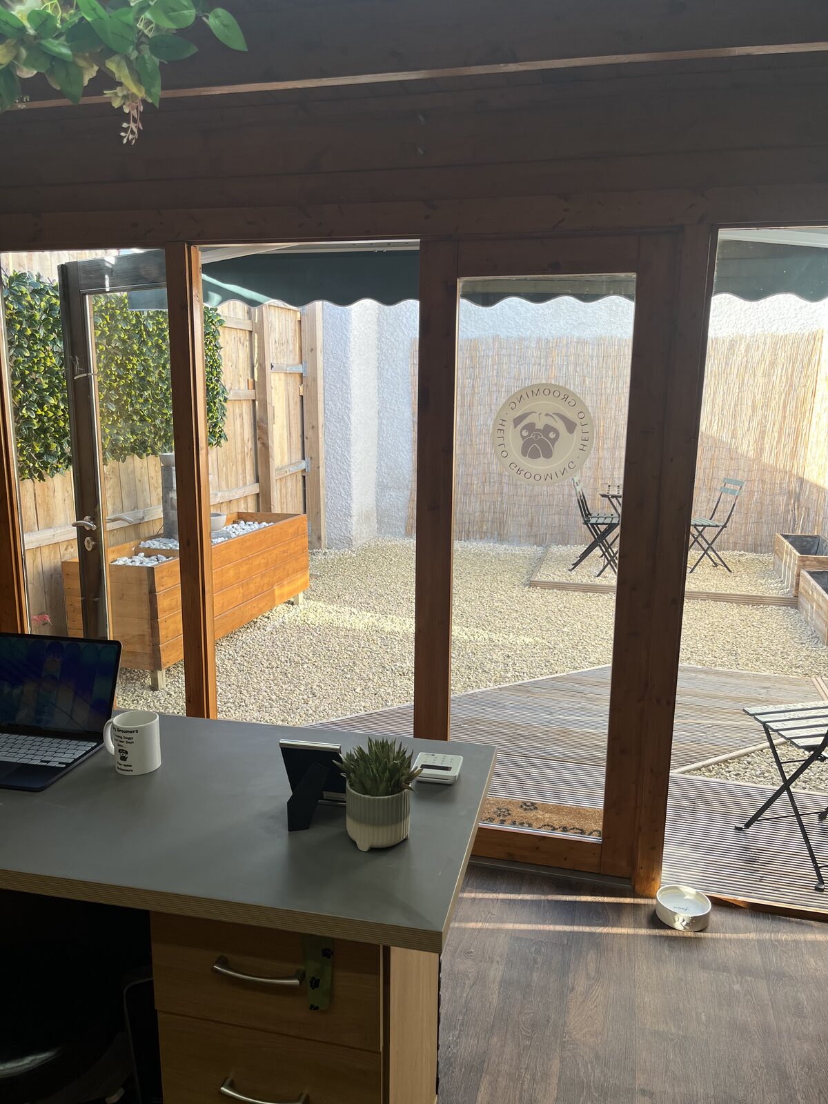 Hello Grooming salon desk and courtyard view The salon desk looking out to the private courtyard