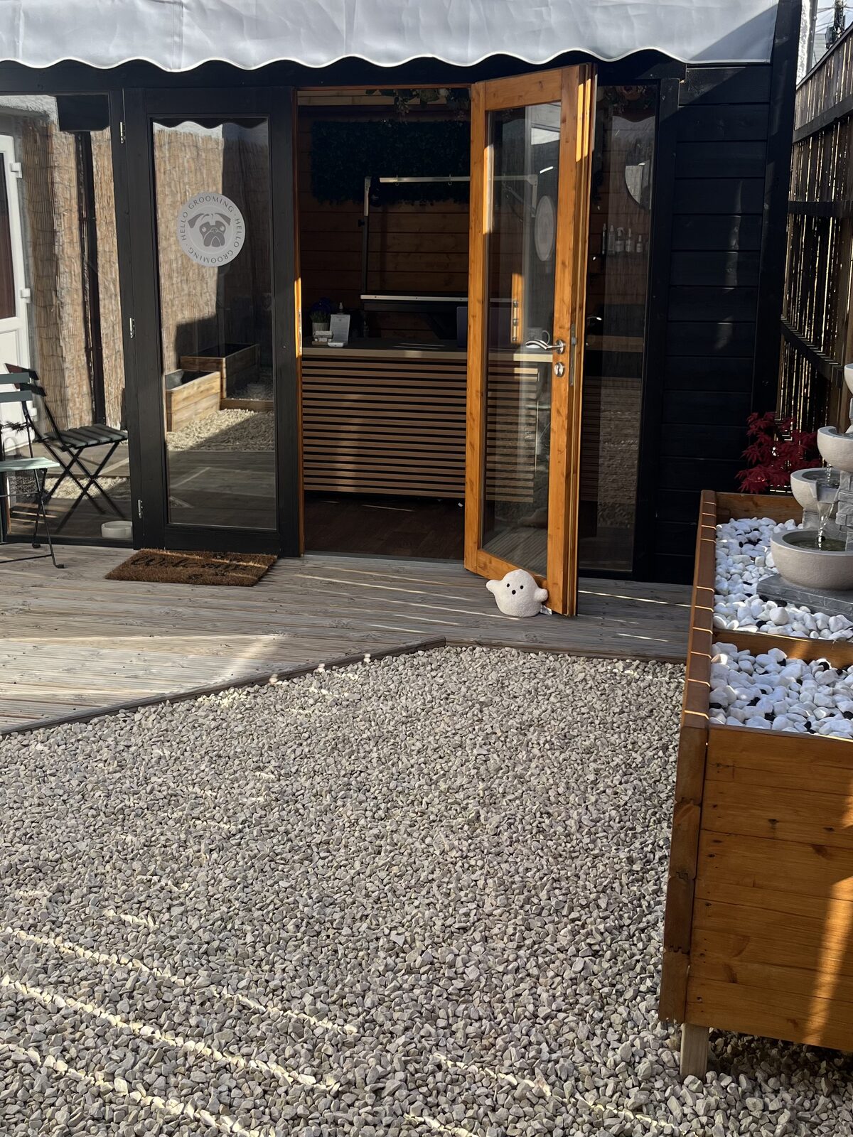 Hello Grooming dog grooming salon exterior, Spennymoor Outside the Hello Grooming cabin salon with decking and courtyard